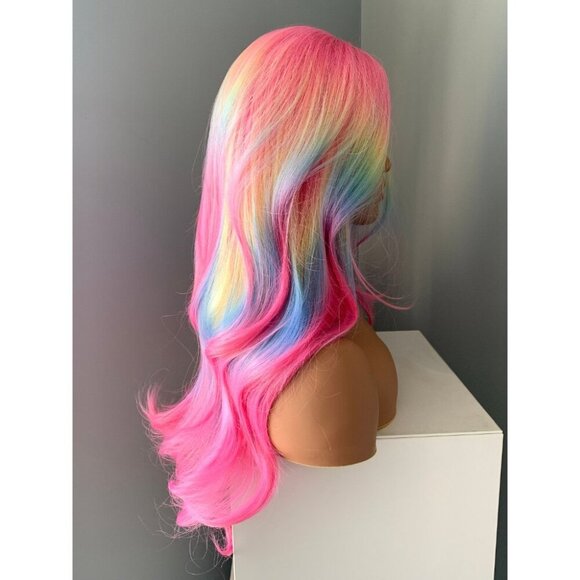 Long Wavy Neon Rainbow Synthetic 26 inch Wig - Picture 3 of 5